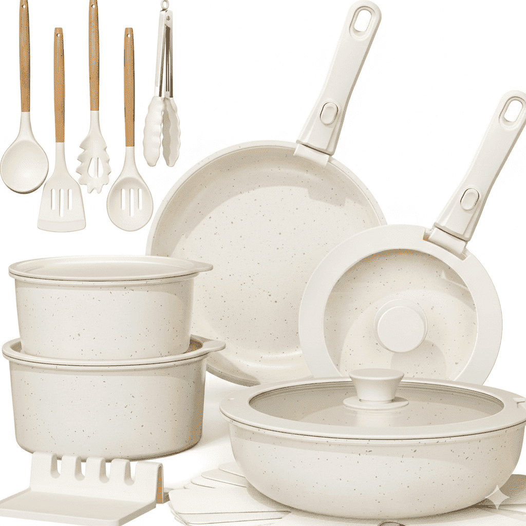 20-Piece Nonstick Cookware Set with Detachable Handles, Dishwasher Safe, Stackable Space-Saving Design for Kitchen & RV, White